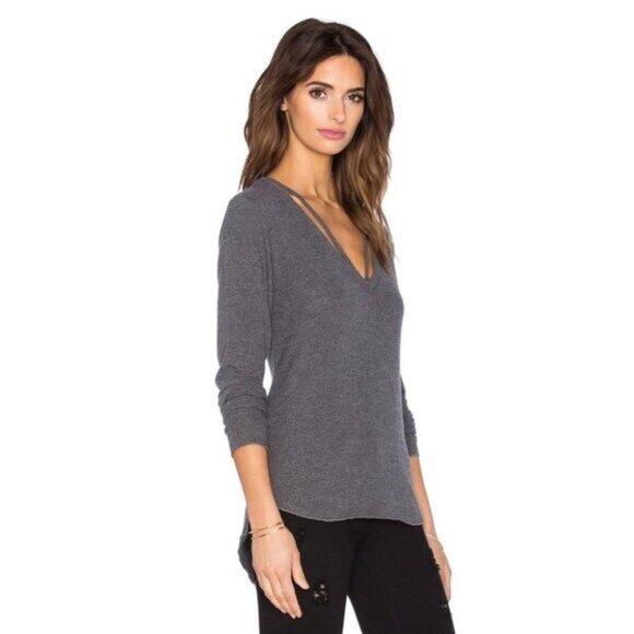 LNA Women's Strappy Sweater V-neck Long Sleeve Fuzzy Soft Charcoal Grey Size XS - Picture 6 of 13